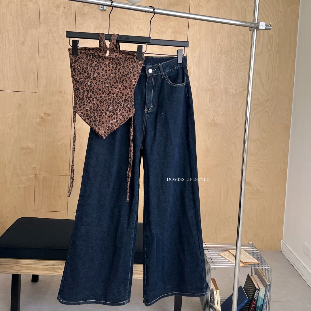 【隨性深藍色】DOMISS牛仔落地長褲  高腰顯瘦寬褲 牛仔褲 寬鬆長褲(現貨)