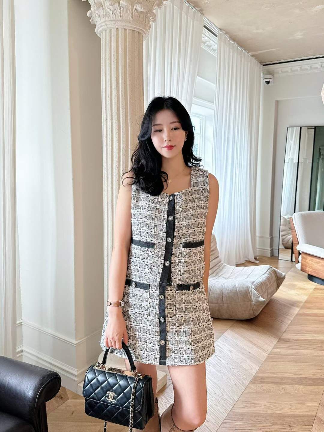 AS5001 後橡筋Tweed格紋A字短裙