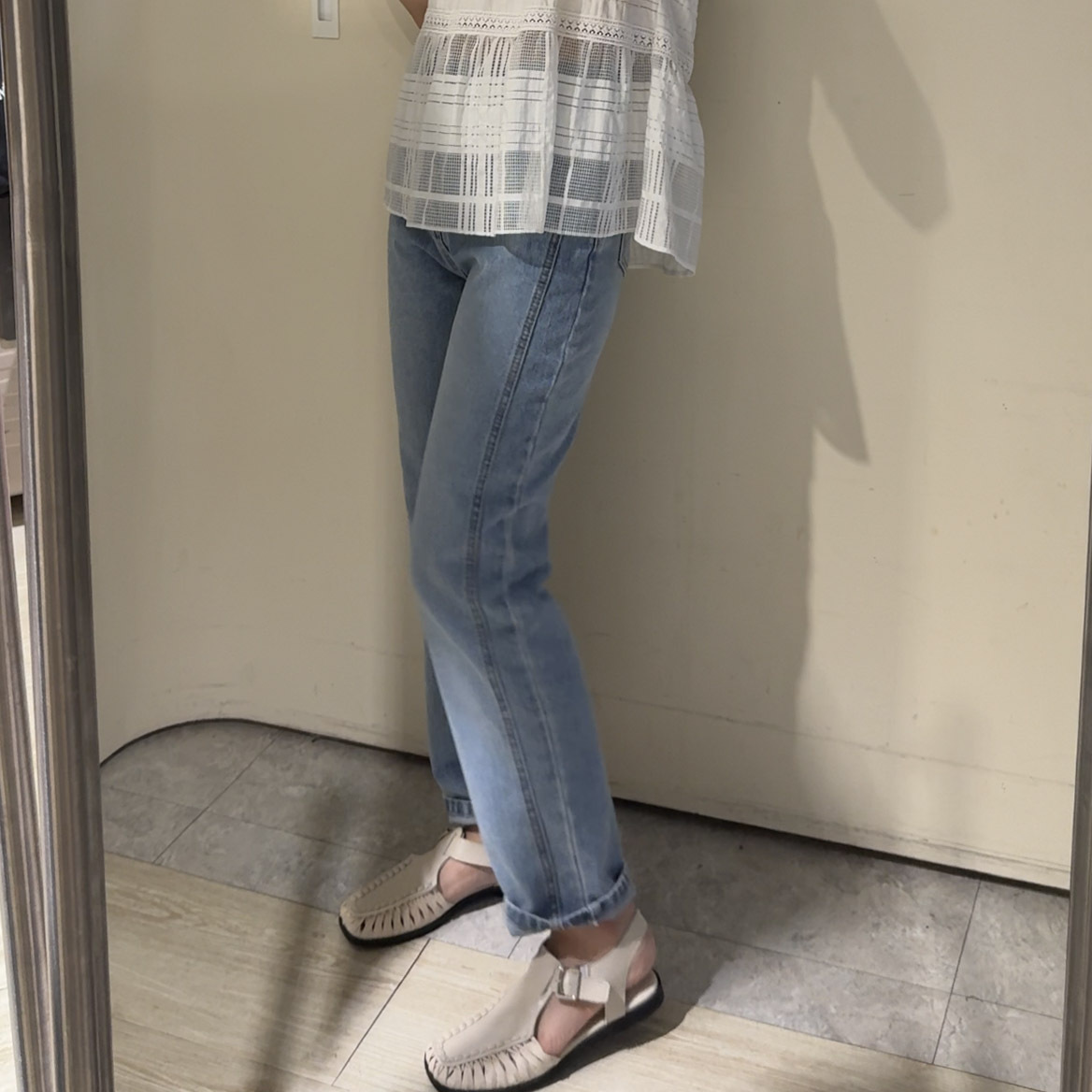 中高腰瘦瘦收骻前移車線小直筒牛仔(S)