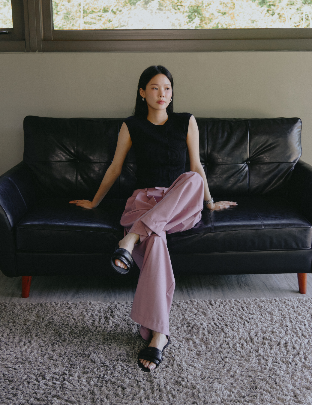 斜扣針織無袖上衣（黑色/3尺寸）