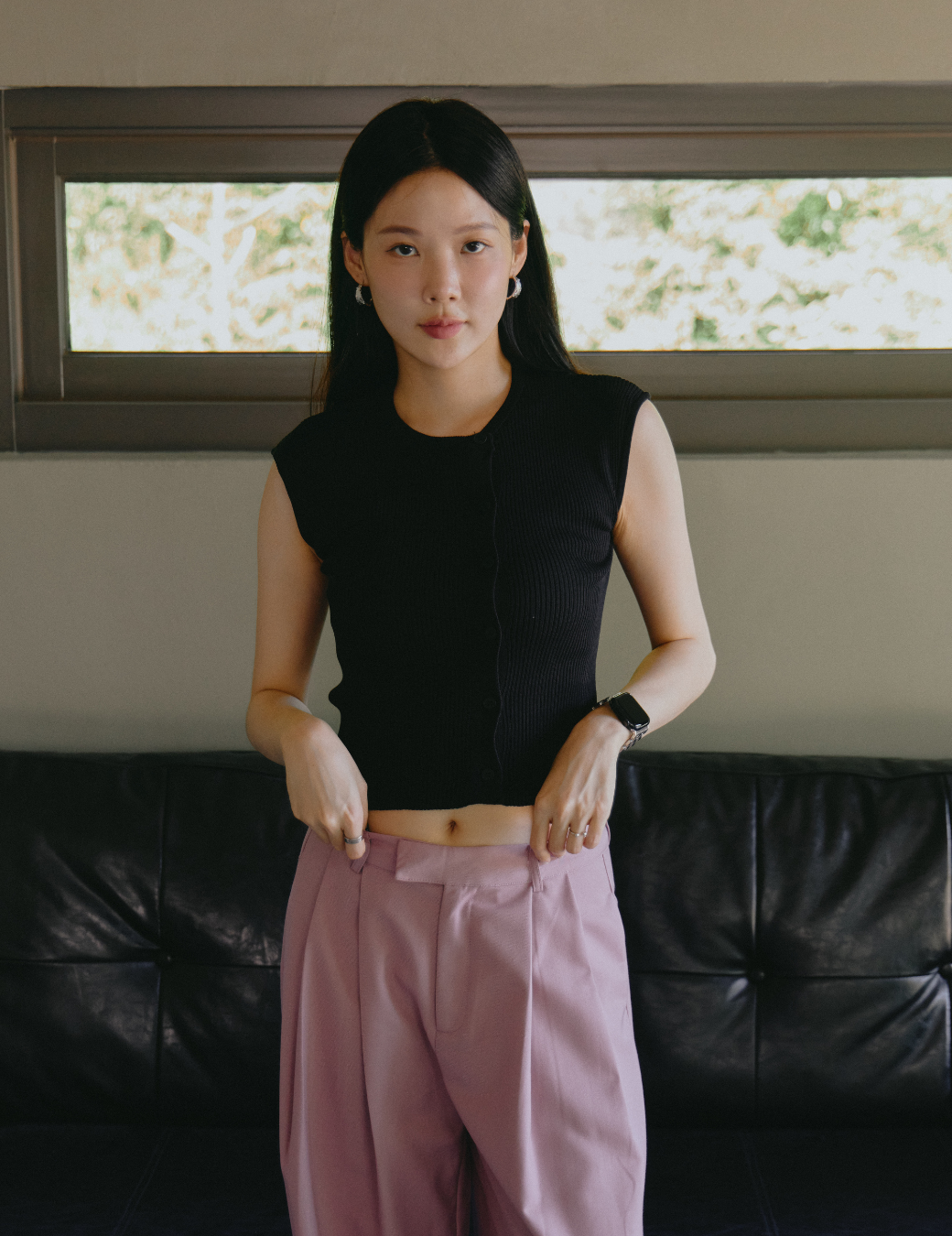 斜扣針織無袖上衣（黑色/3尺寸）