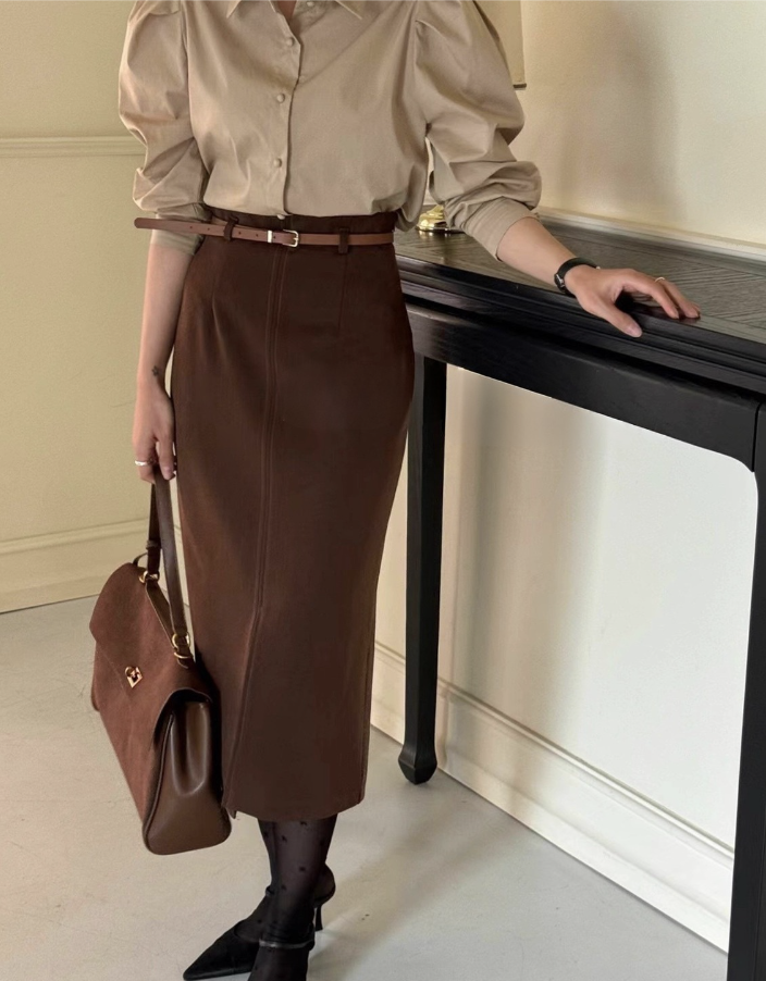 Odile 秋意腰帶縫線直筒裙 [ 2色 / S,M ]