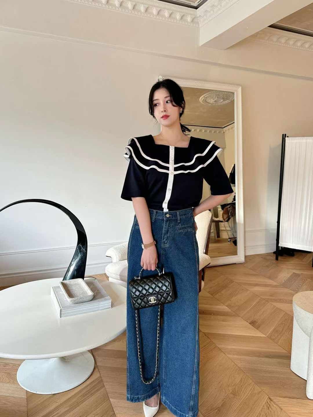 AS5008 後橡筋假口袋直筒牛仔褲