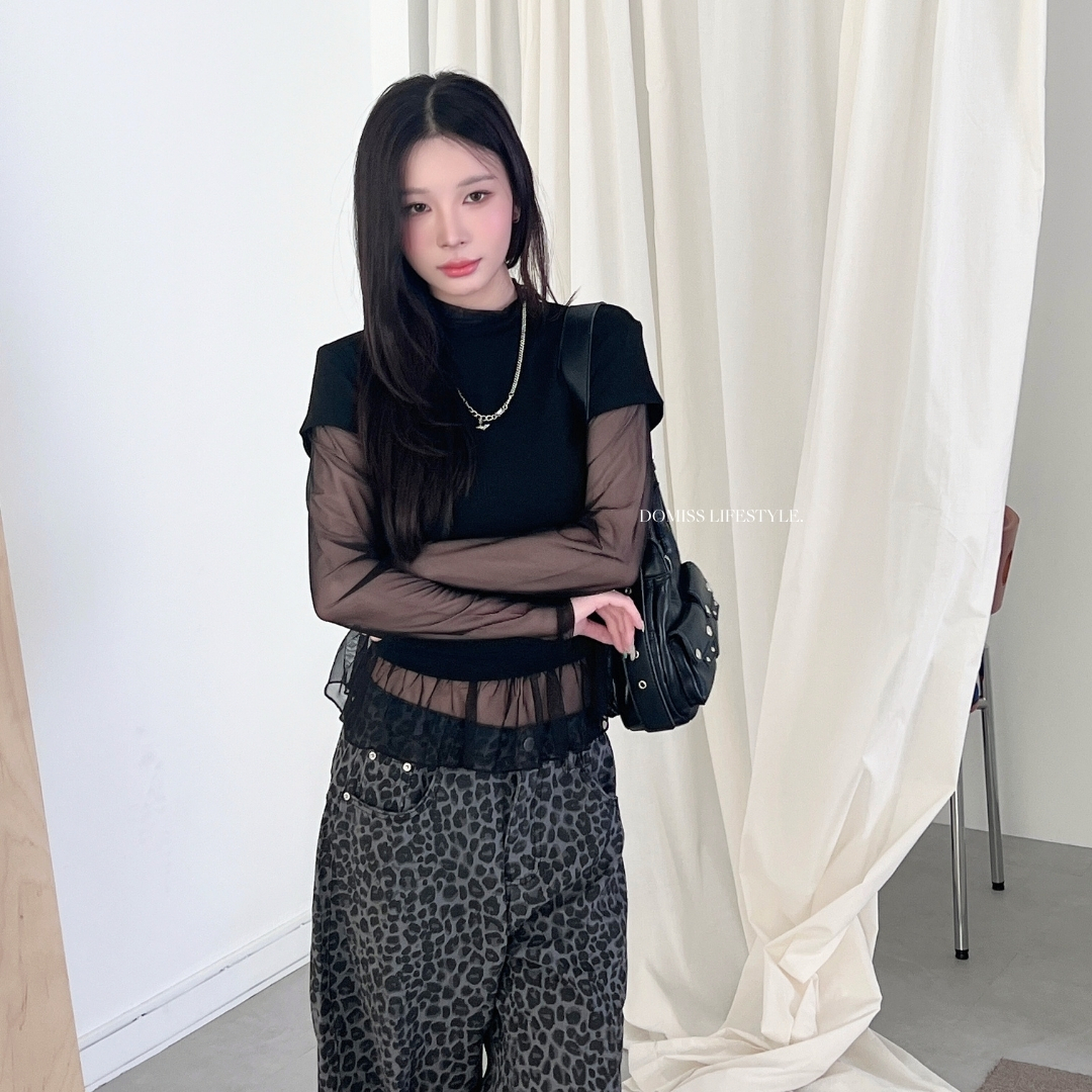 【造型小心機】DOMISS 網紗假兩件上衣-2色 層次感 拼接長袖上衣 (現貨)