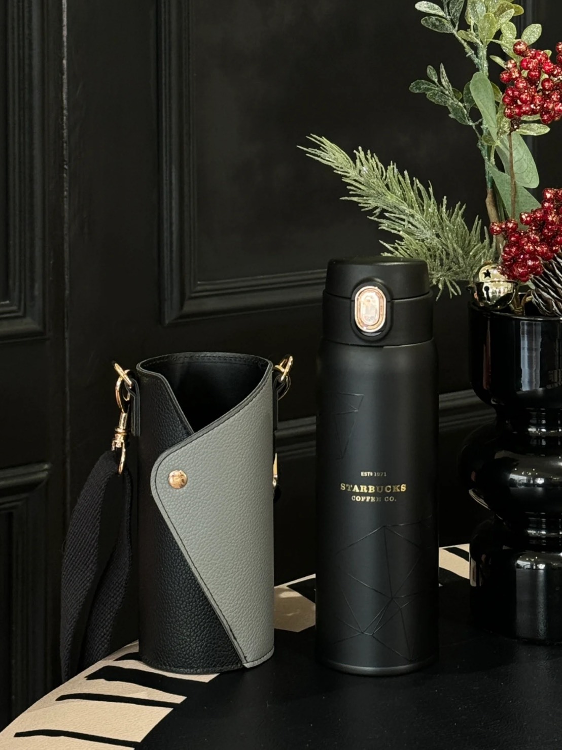 星巴克 流金款 保溫杯 黑金 含杯套  450ML