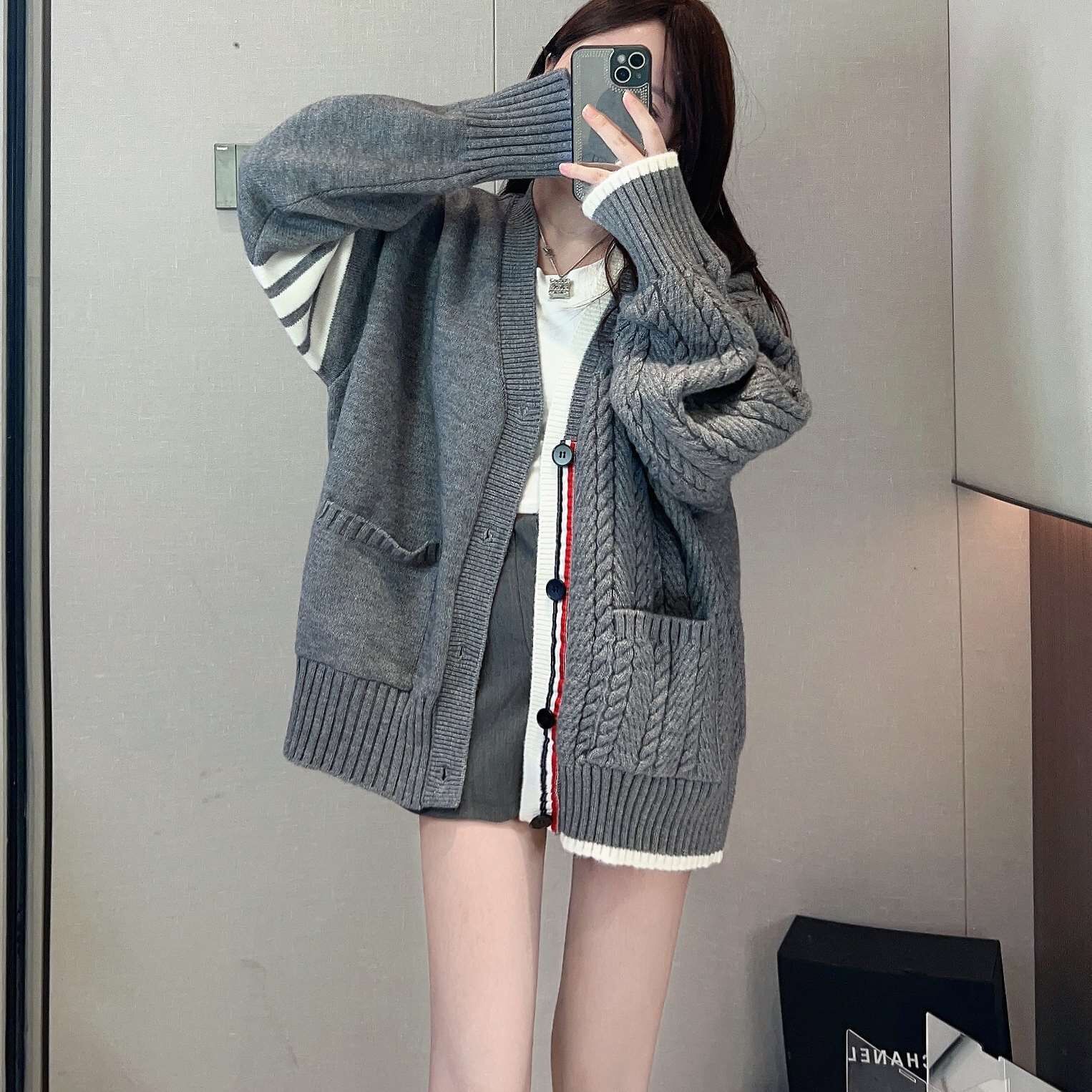 Korean Colorblock Casual Twist Knit Cardigan