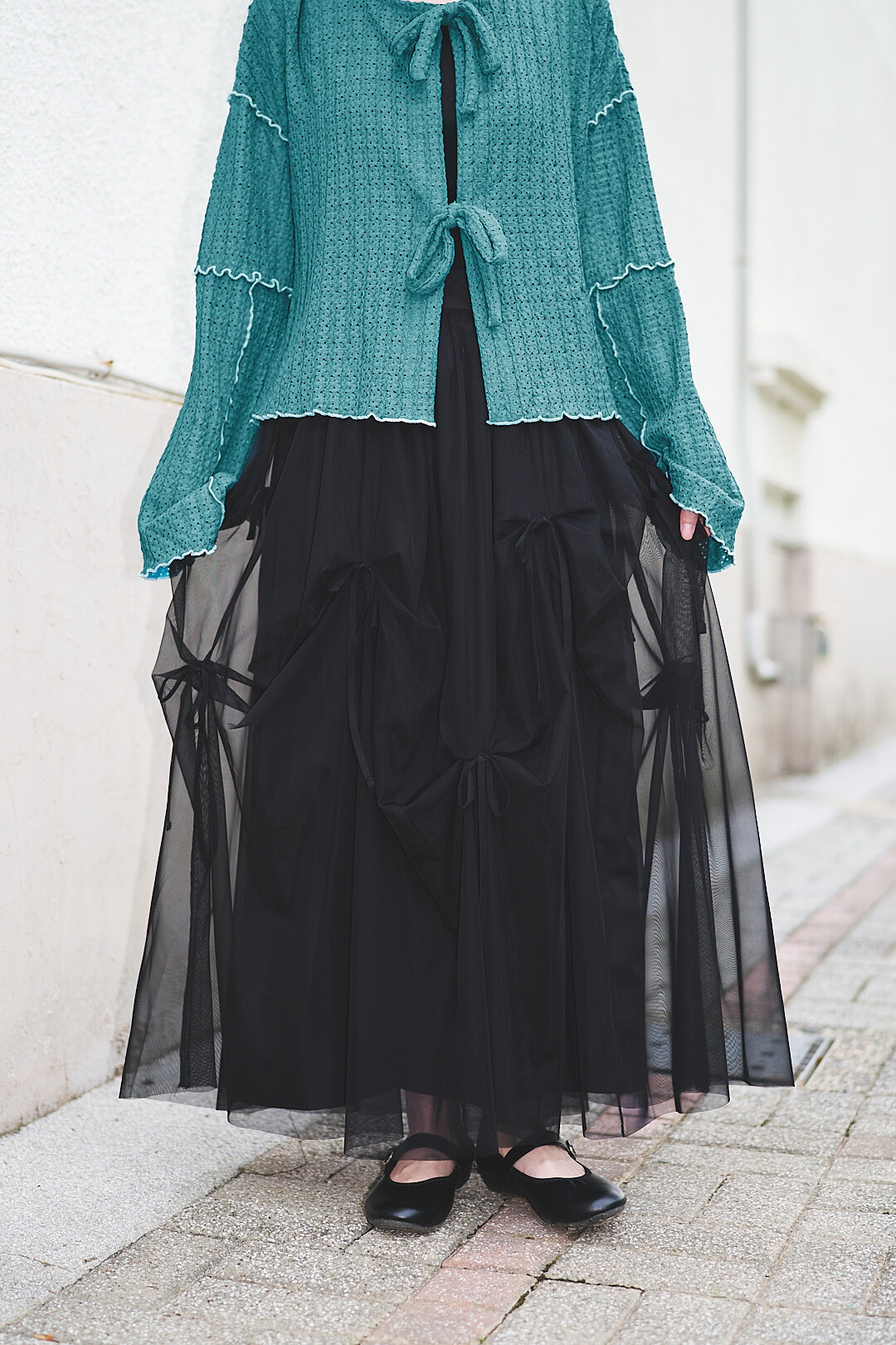 輕綁著雲霧！蝴蝶結薄紗半身裙(兩色-濃黑)