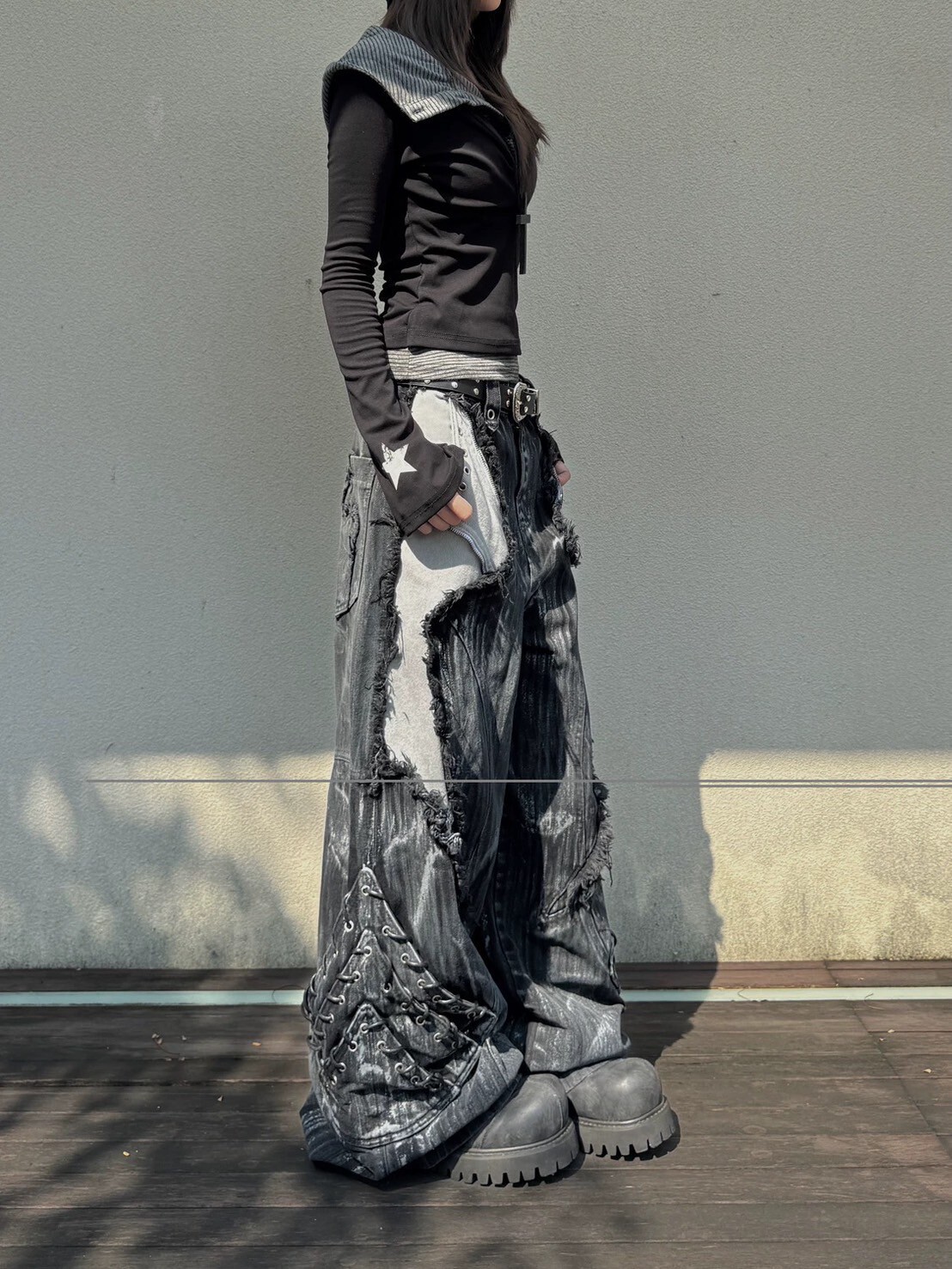 拼接毛邊重工褲