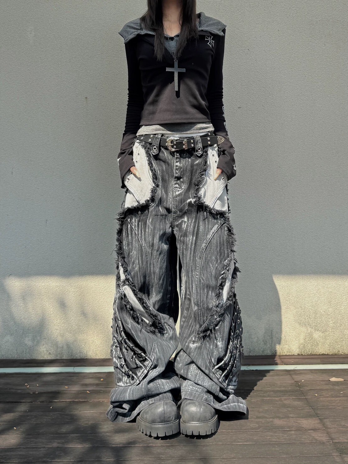 拼接毛邊重工褲