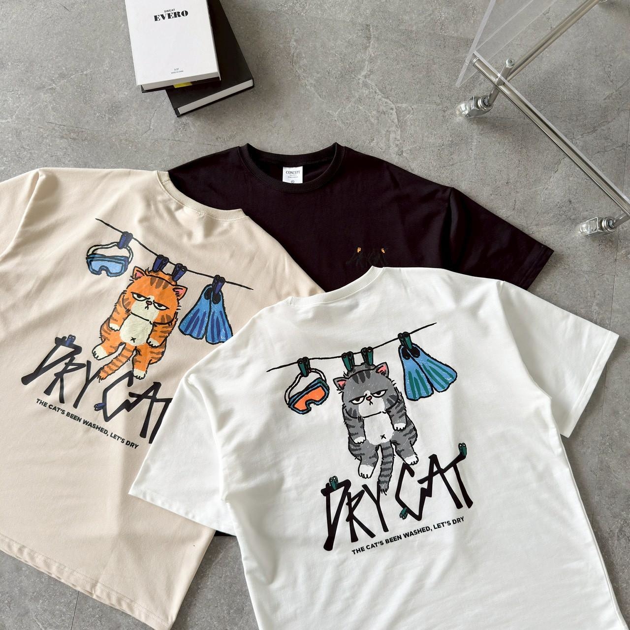 韓國短袖 DRY CAT 曬貓咪插畫風短T 80985