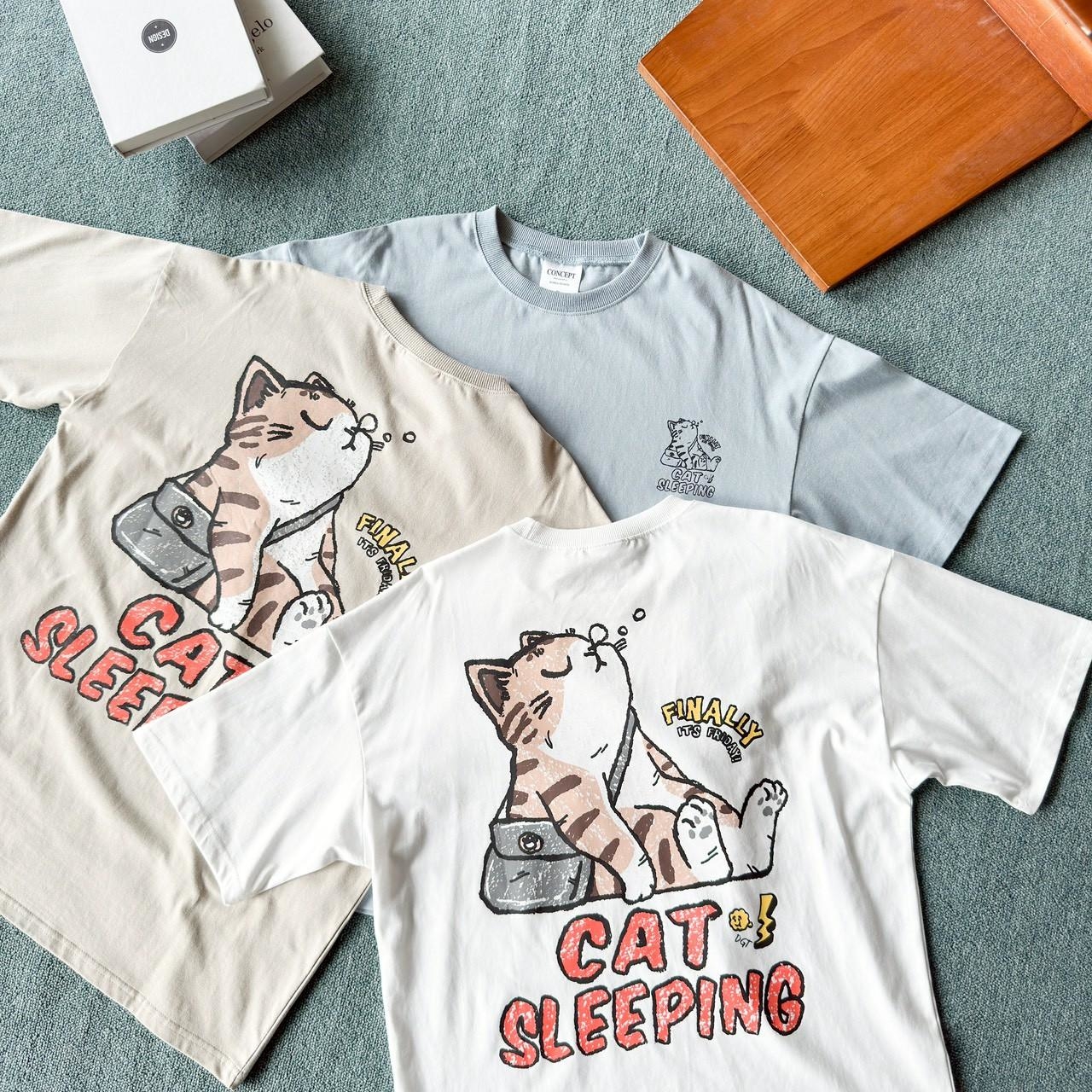 韓國短袖 CAT SLEEPING 瞌睡貓塗鴉風印花短T 80968