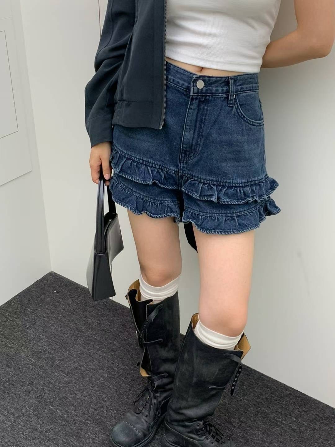 牛仔雙層荷葉圈短褲