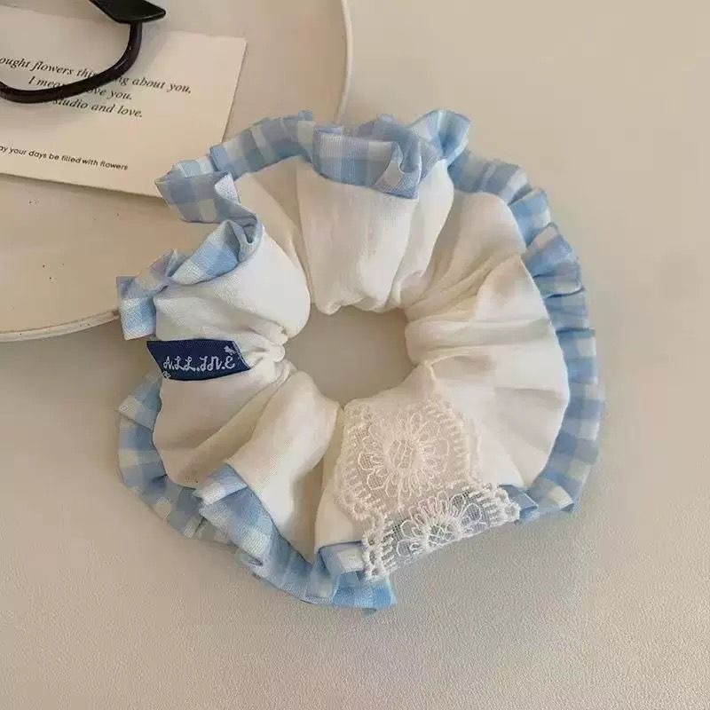[3 FOR RM10] Blue Plaid Ruffled Scrunchie with Lace Trim
