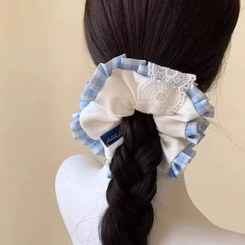 [3 FOR RM10] Blue Plaid Ruffled Scrunchie with Lace Trim