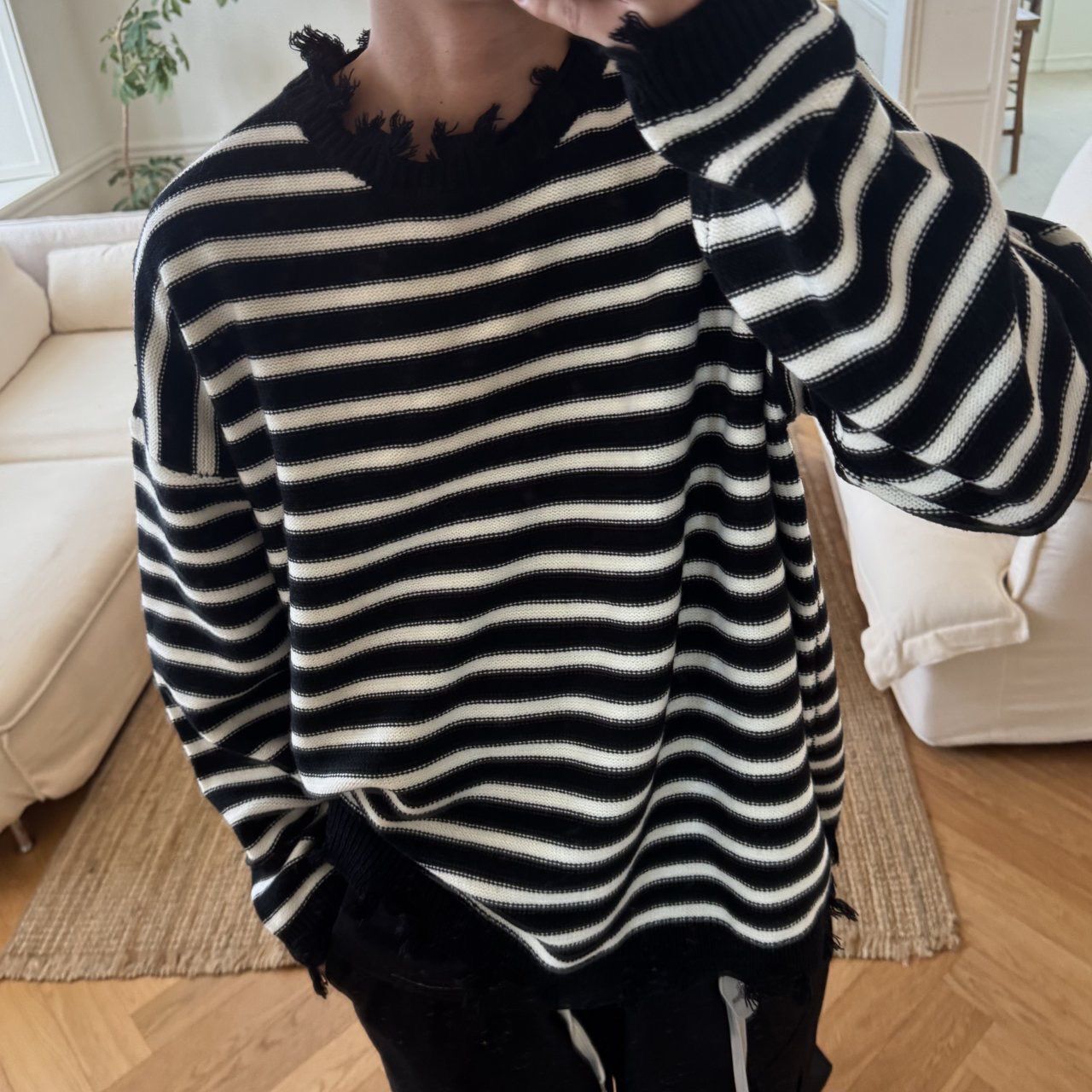 橫間破邊長袖針織衫 BY-436T