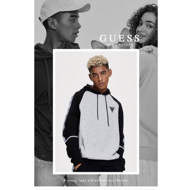 【零碼出清】GUESS 倒三角LOGO 串標連帽上衣 黑灰 男女款 麻灰 短刷毛 保暖 Hoodie M號