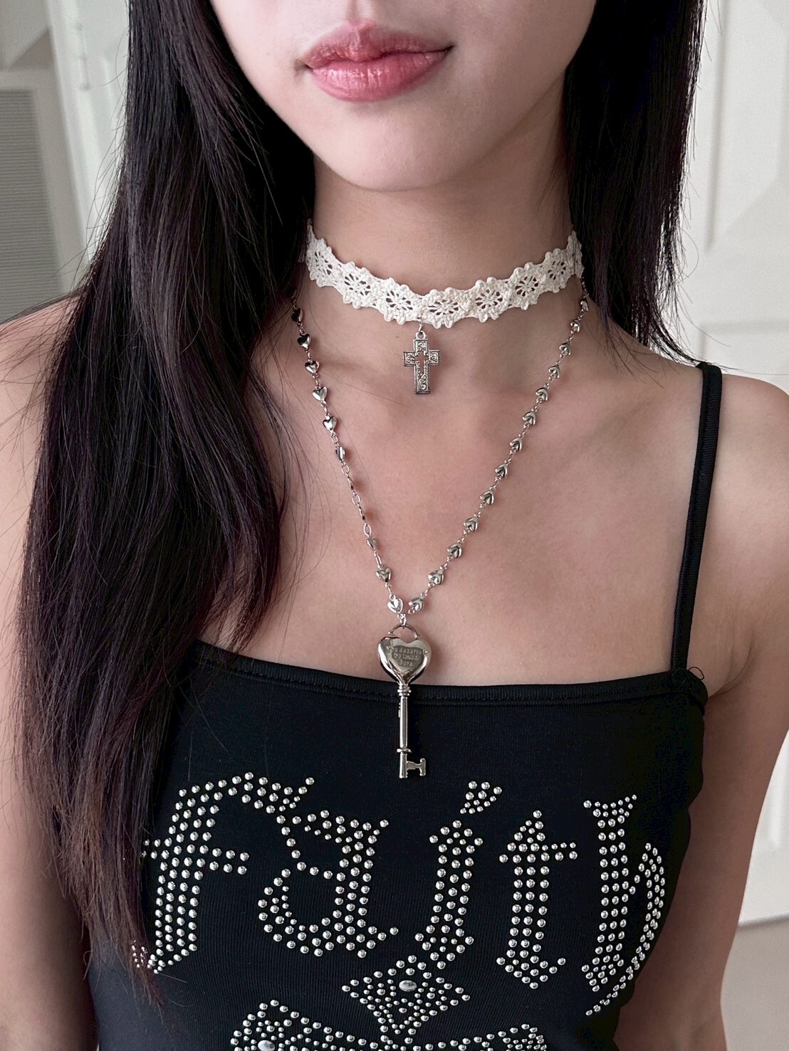 重工鑰匙長鏈🔑 +蕾絲十字鎖骨鏈 2件set