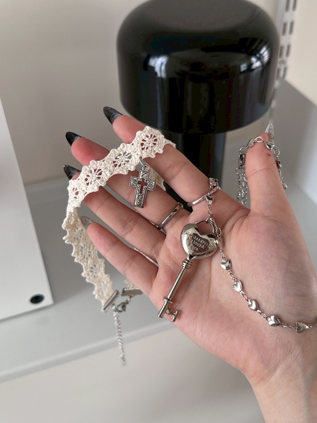 重工鑰匙長鏈🔑 +蕾絲十字鎖骨鏈 2件set