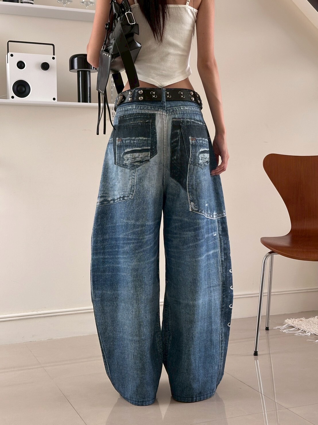 時髦錄客 多種拼接3D印花水洗彎刀褲