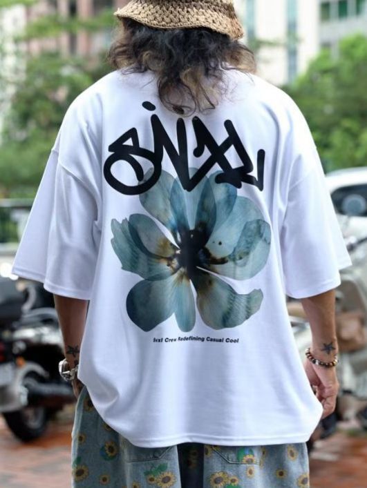 OverSize英文字花花圖案短袖Tee SVXL-060T