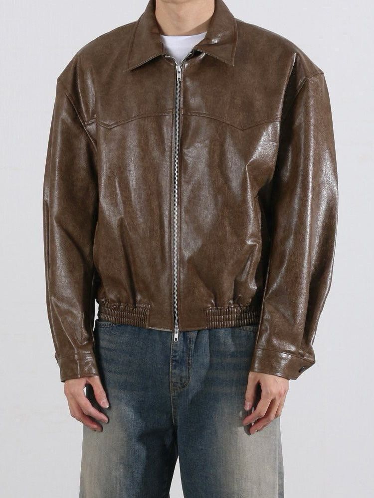 反領拉鍊合成皮褸 Veil-054JK