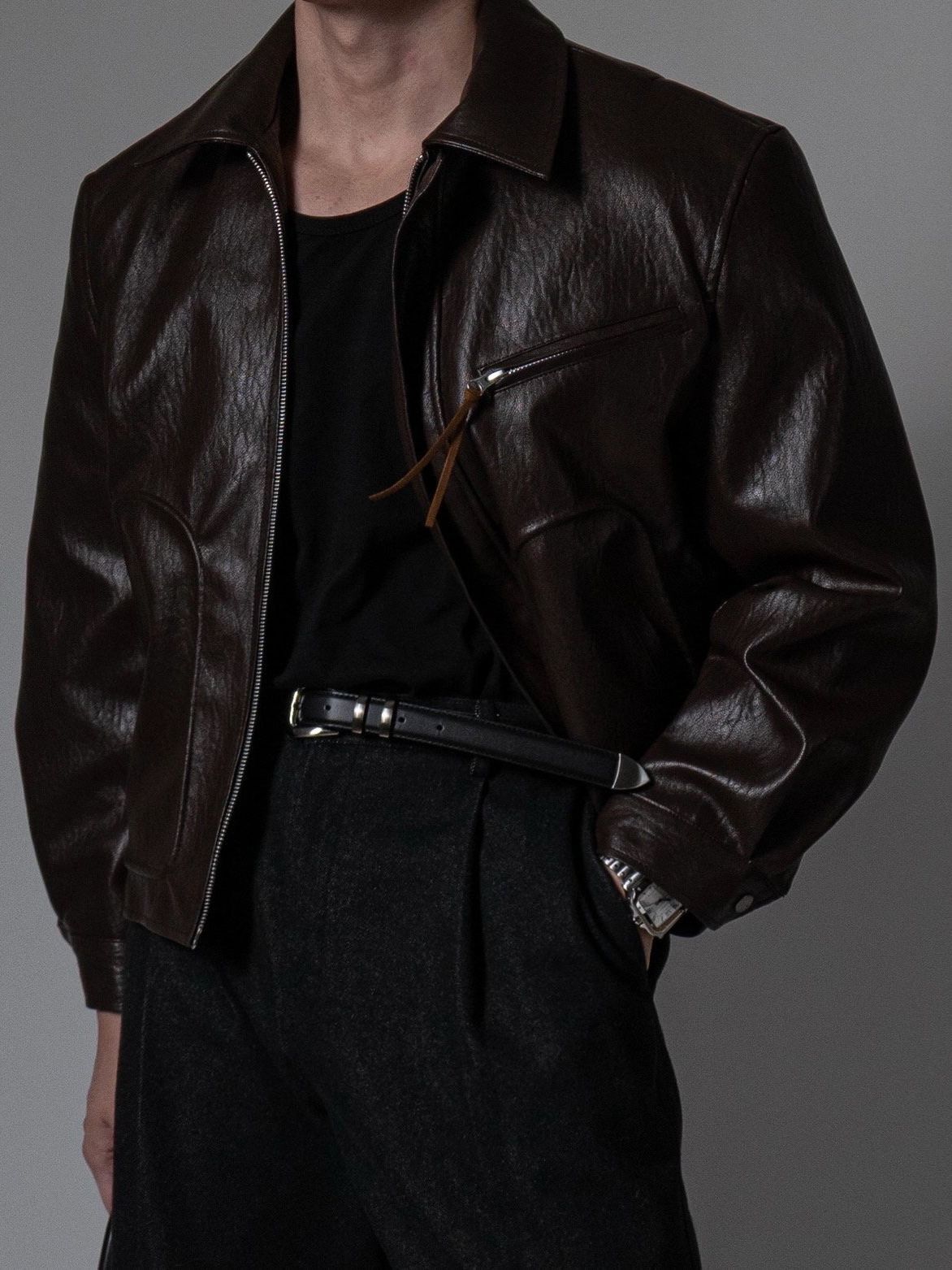 反領拉鍊合成皮褸 Veil-063JK