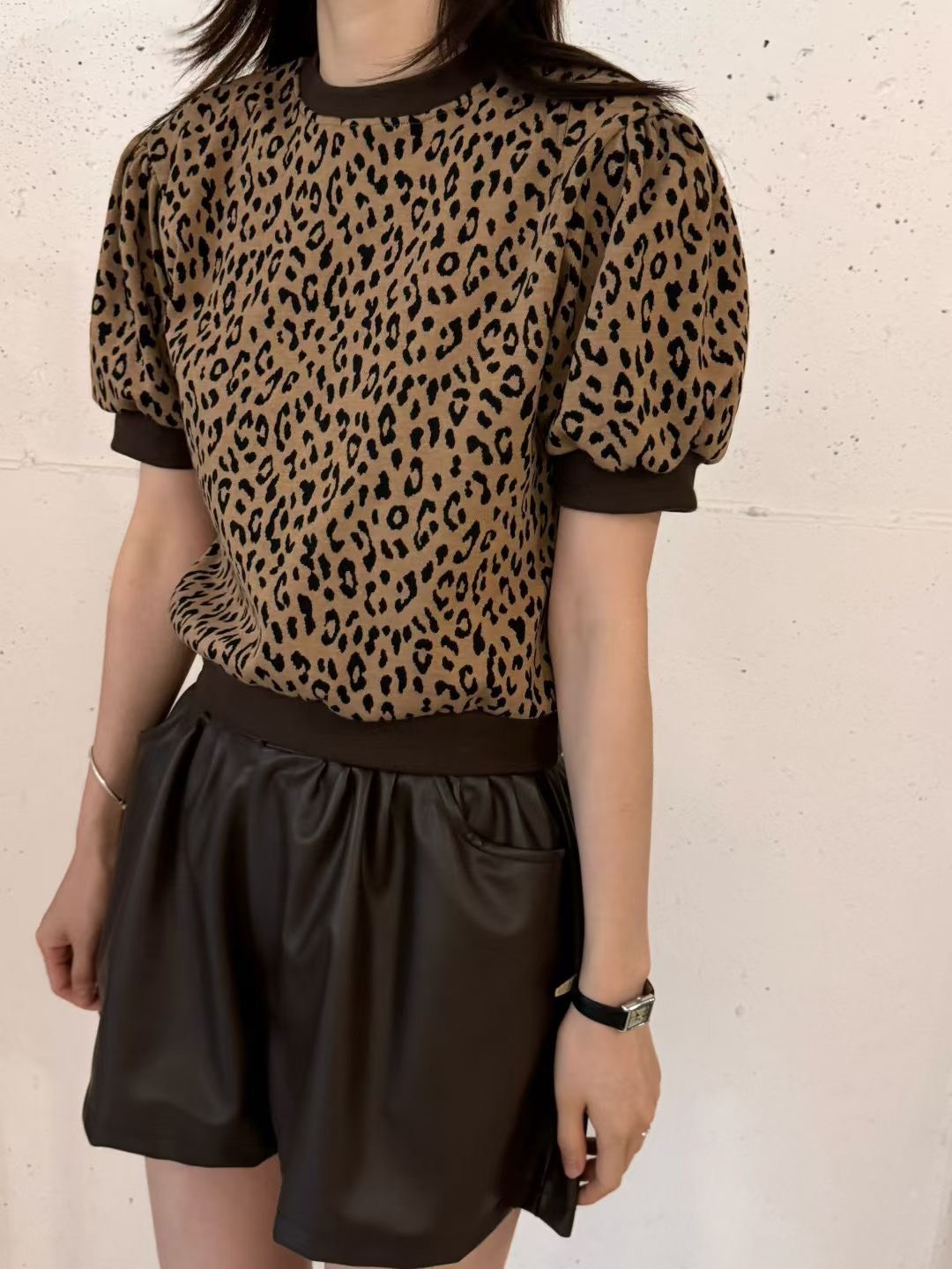 510041短袖豹紋公主袖上衣 現貨