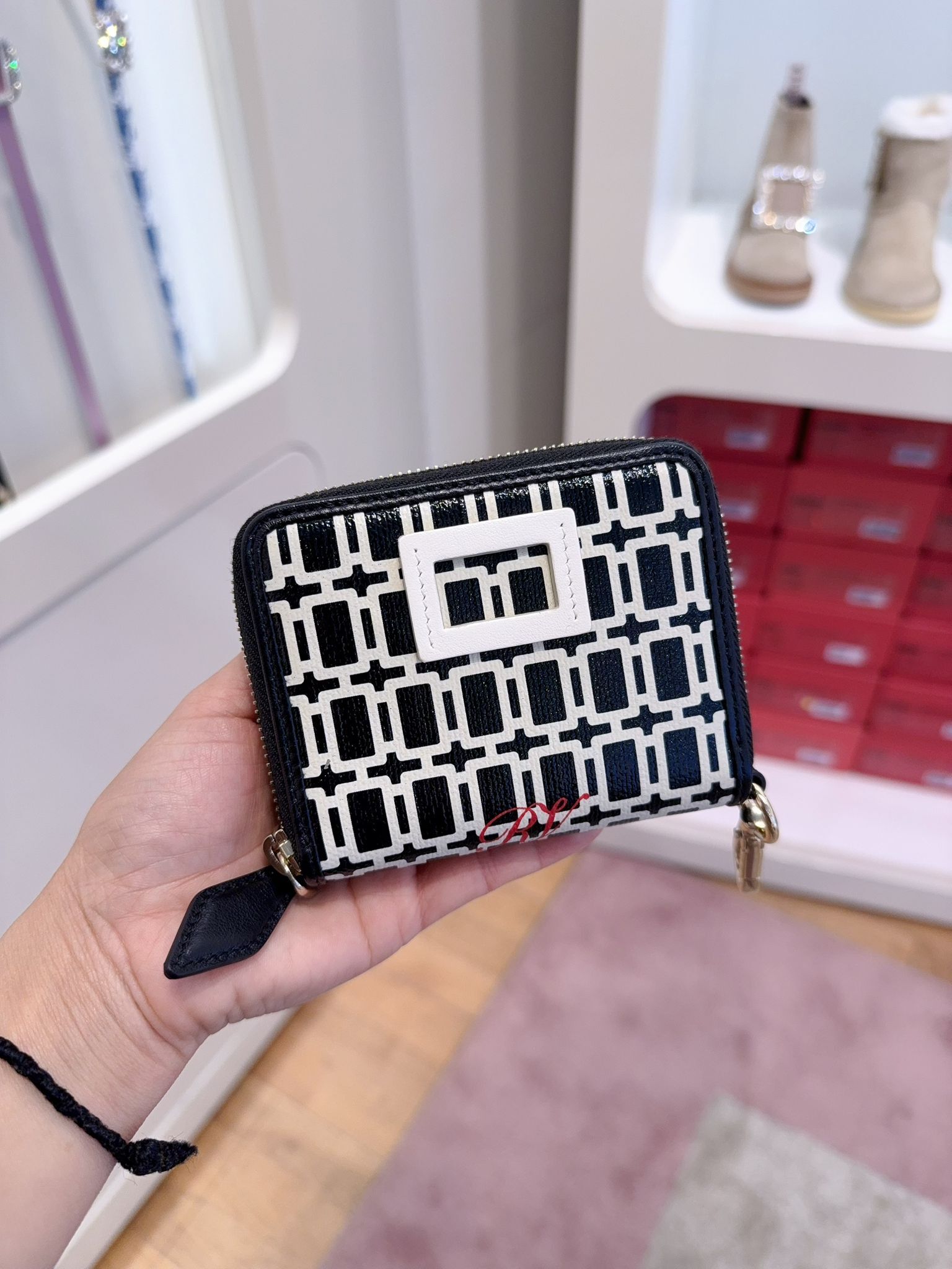 Roger Vivier RV Patent Leather Small Zip Around Wallet black and white