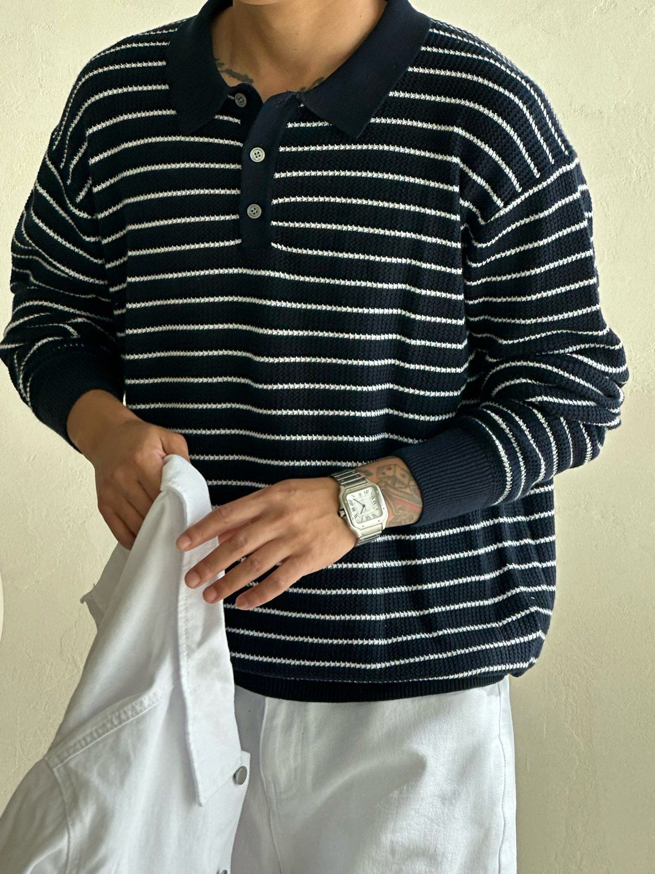 橫間長袖Polo針織衫 Veil-070T