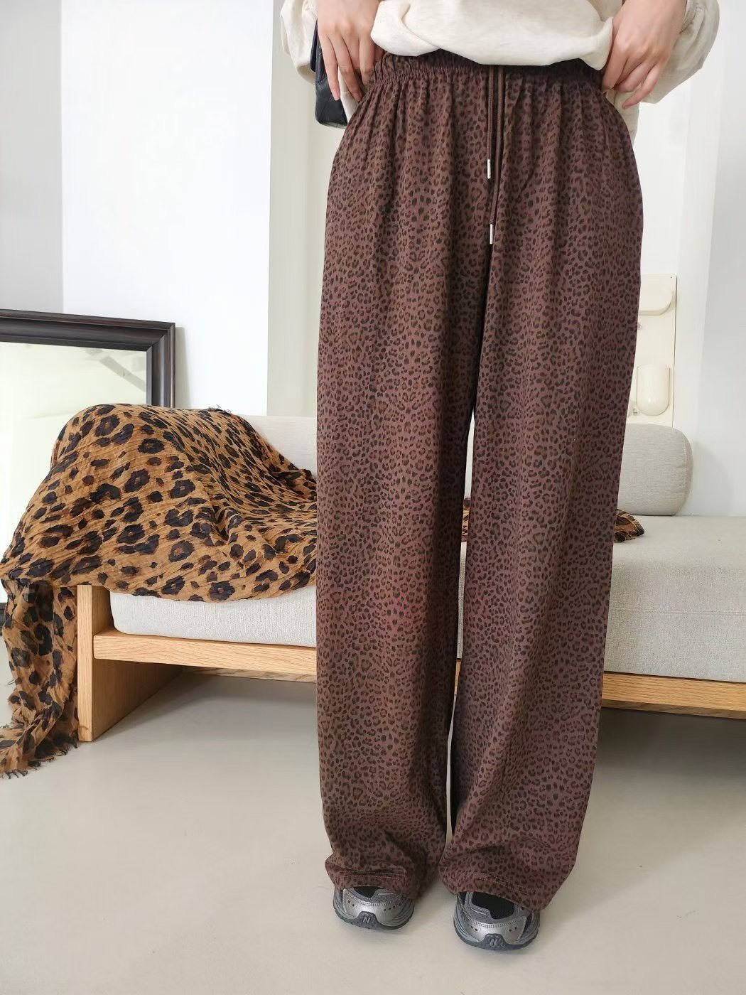 豹紋綁繩休閒風格長褲