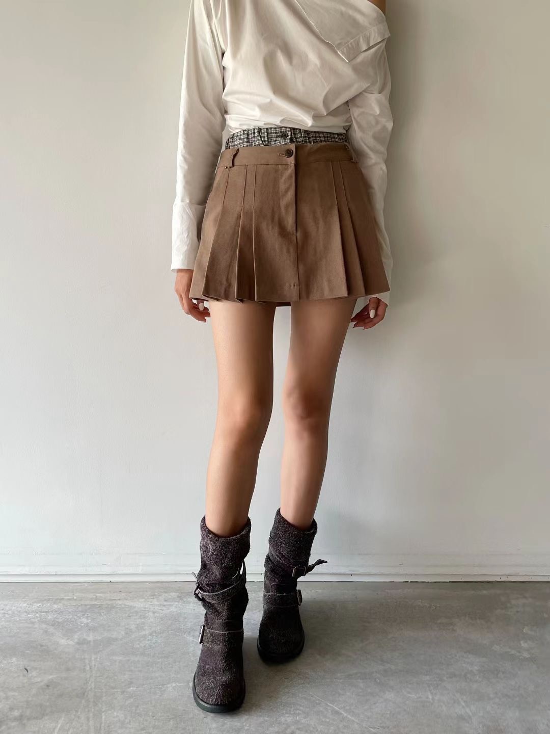 格子拚雙褲頭短裙