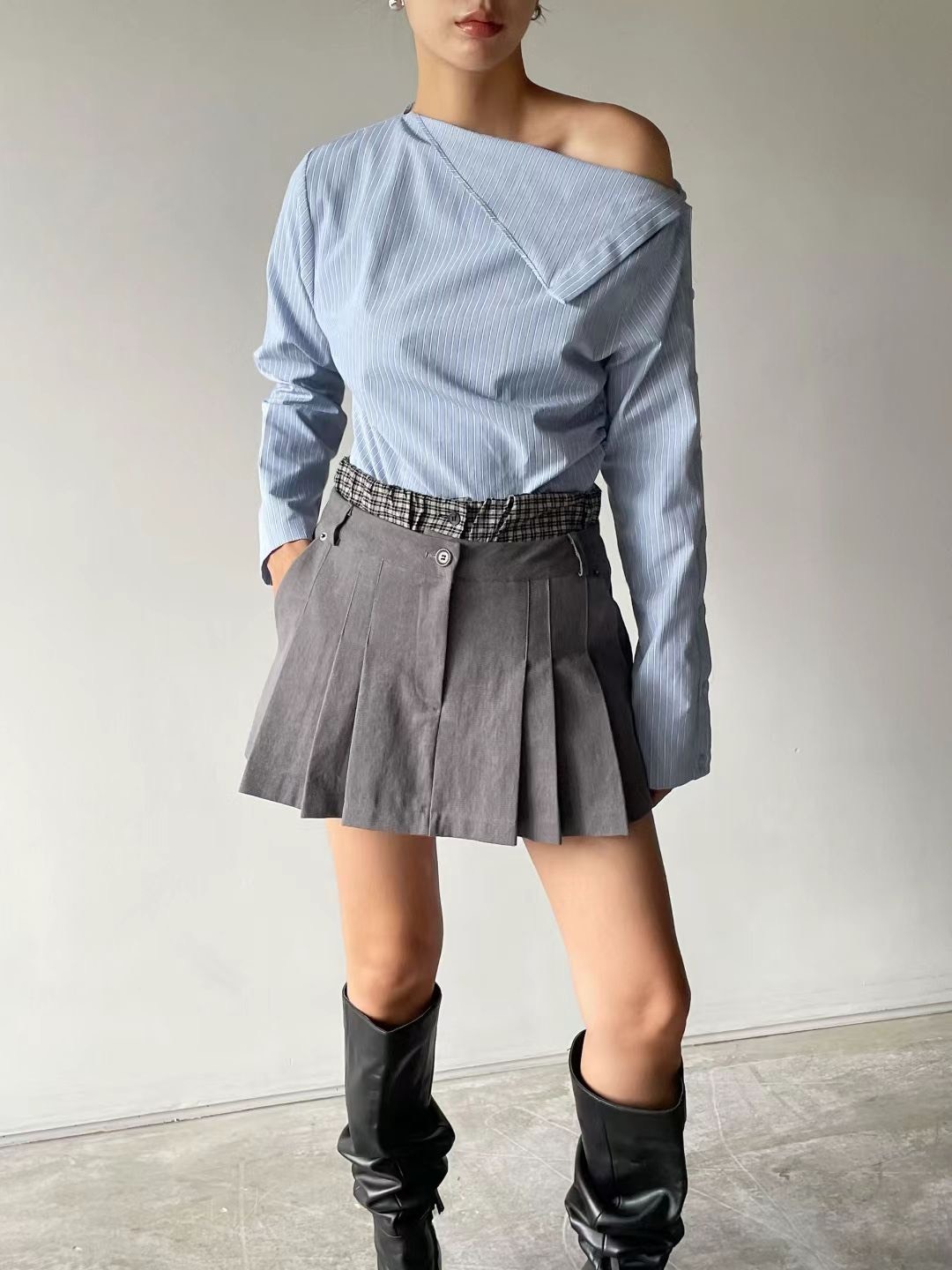 格子拚雙褲頭短裙