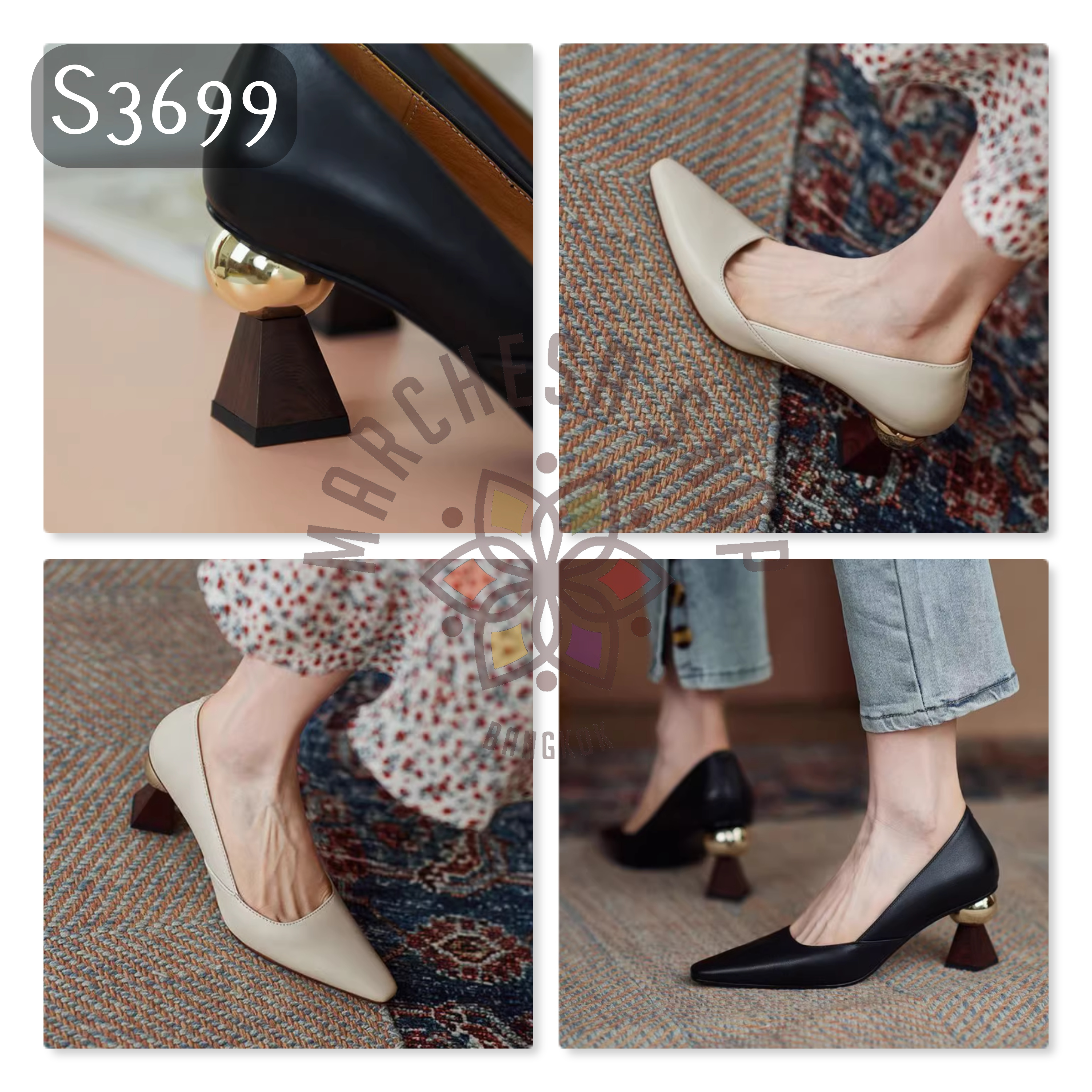 S3699 - 頭層小羊皮法式尖頭特色圓球高踭鞋