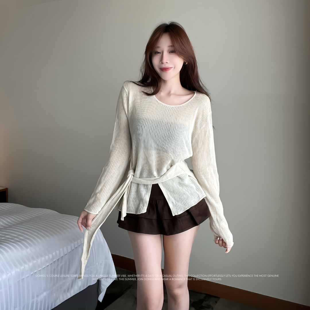 【溫柔綁帶】DOMISS細膩質感針織-2色 綁帶修身設計 針織衫 長袖上衣(現貨)