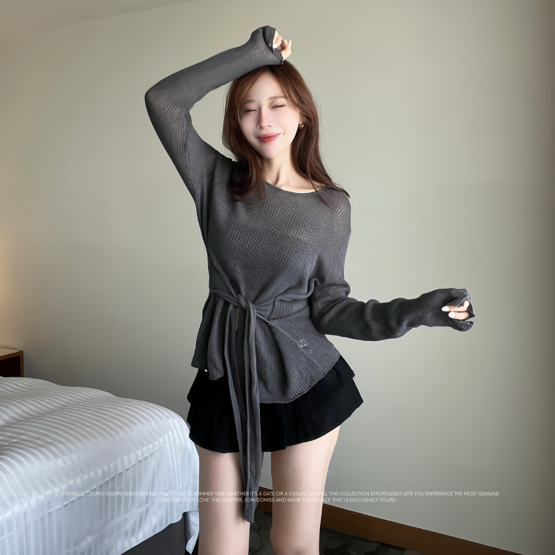 【溫柔綁帶】DOMISS細膩質感針織-2色 綁帶修身設計 針織衫 長袖上衣(現貨)