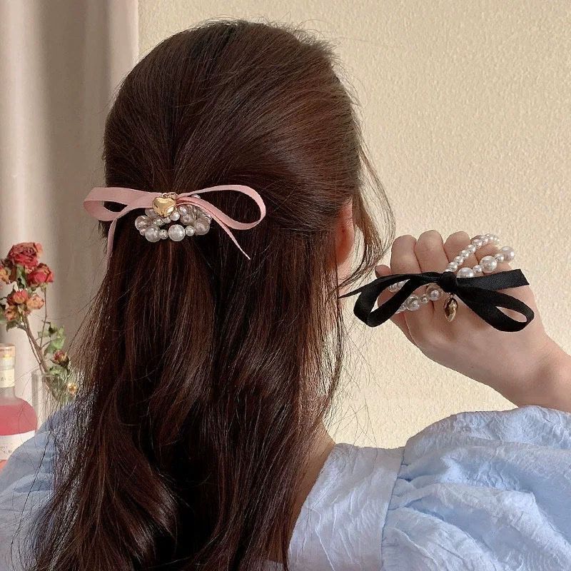 [3 FOR RM10] French Double Pearl Bow Hair Tie