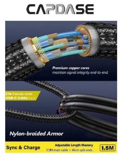 Capdase 2 IN 1 Meallic USB-C 100W Cable - 1.5M - HC00-7201