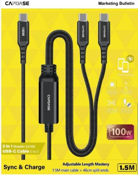 Capdase 2 IN 1 Meallic USB-C 100W Cable - 1.5M - HC00-7201