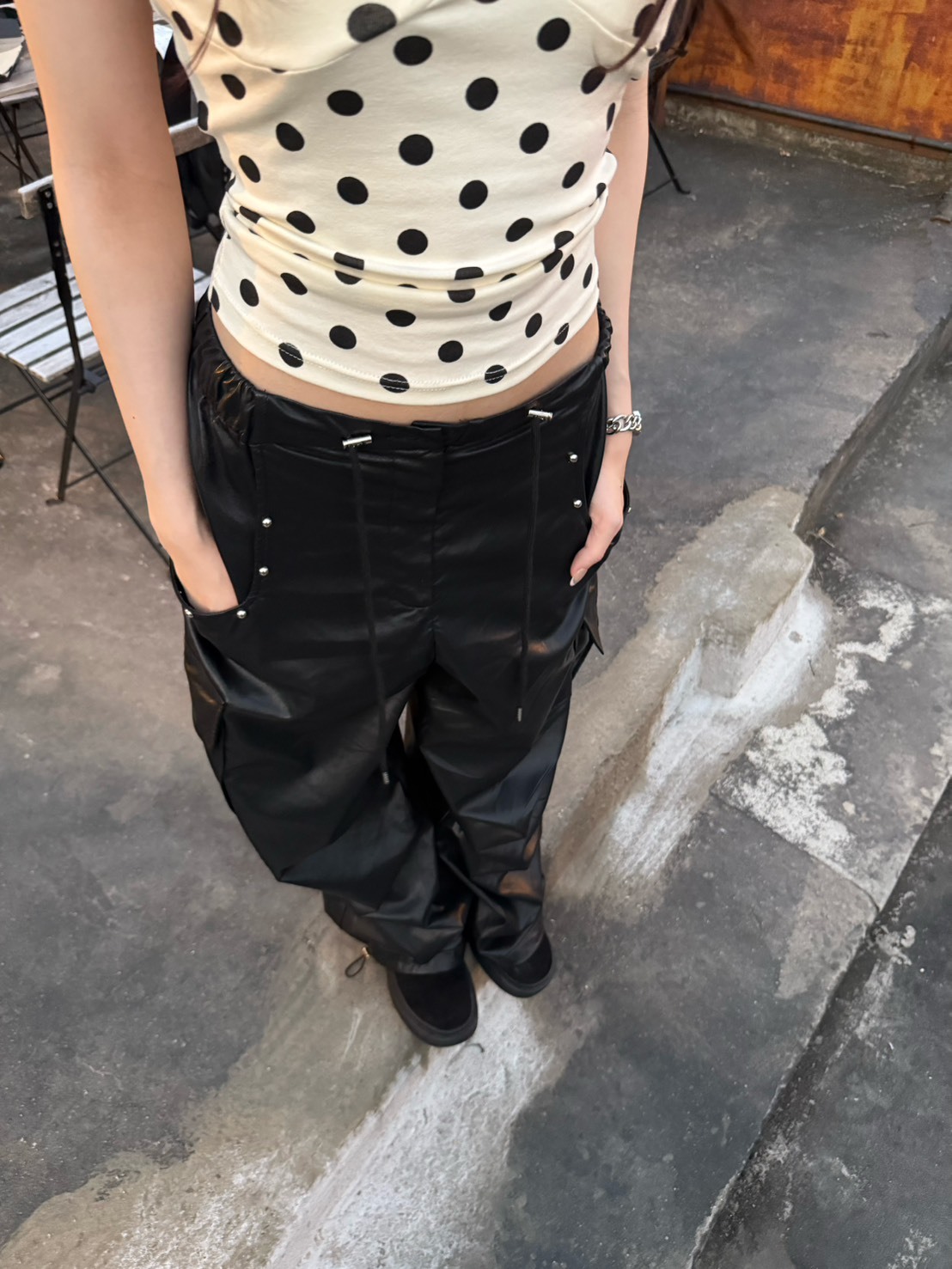 現貨! 9.amez project 99ams leather cargo pants 卯釘皮革工裝褲