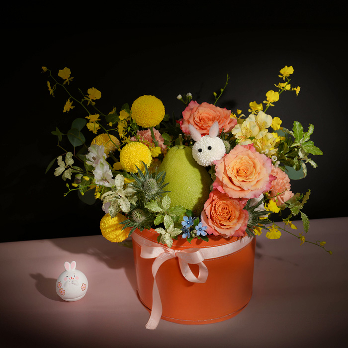 月兔搗柚 鮮花盆花 中秋水果花禮