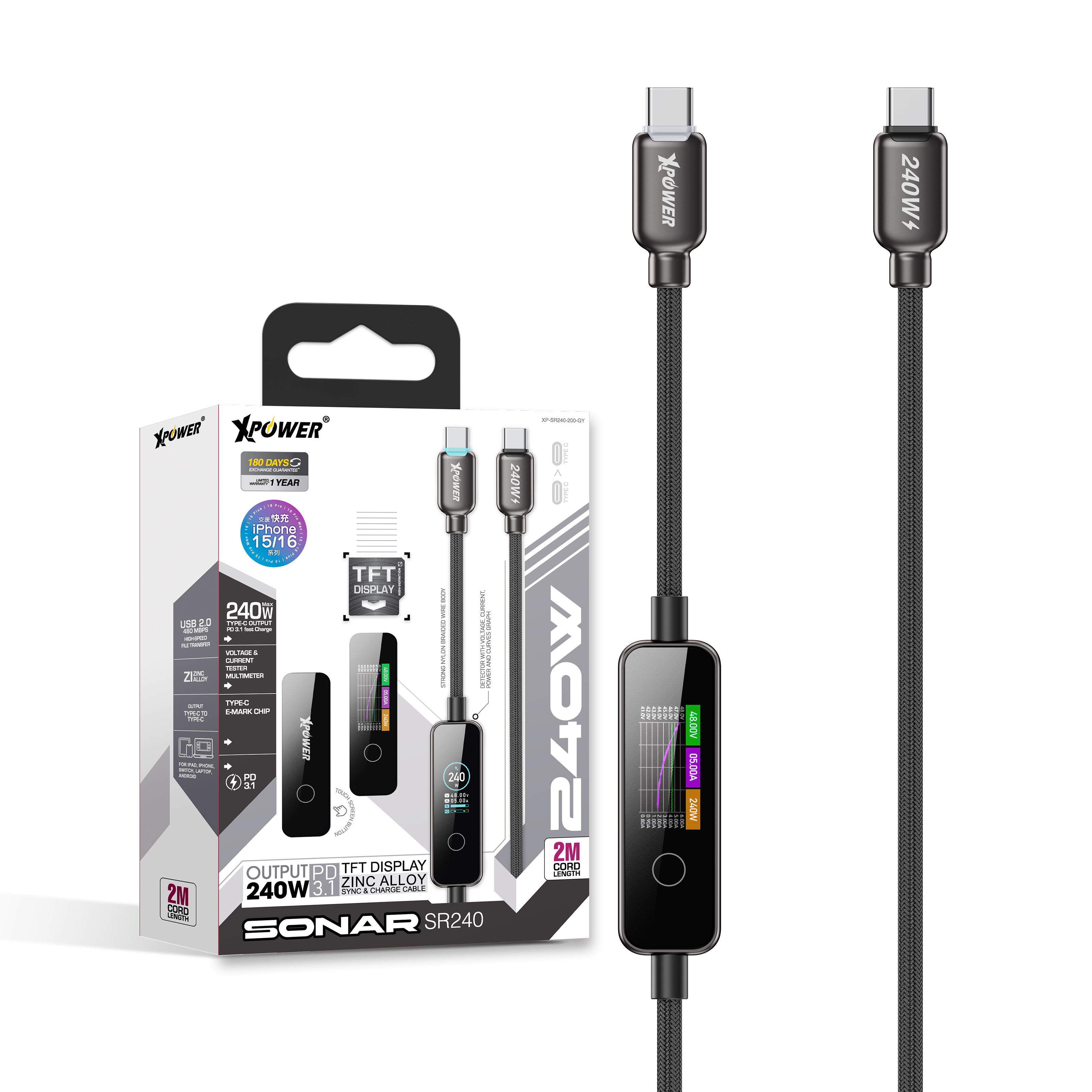 XPower SONAR SR240 TFT顯示鋅合金 240W PD3.1高速傳輸充電線