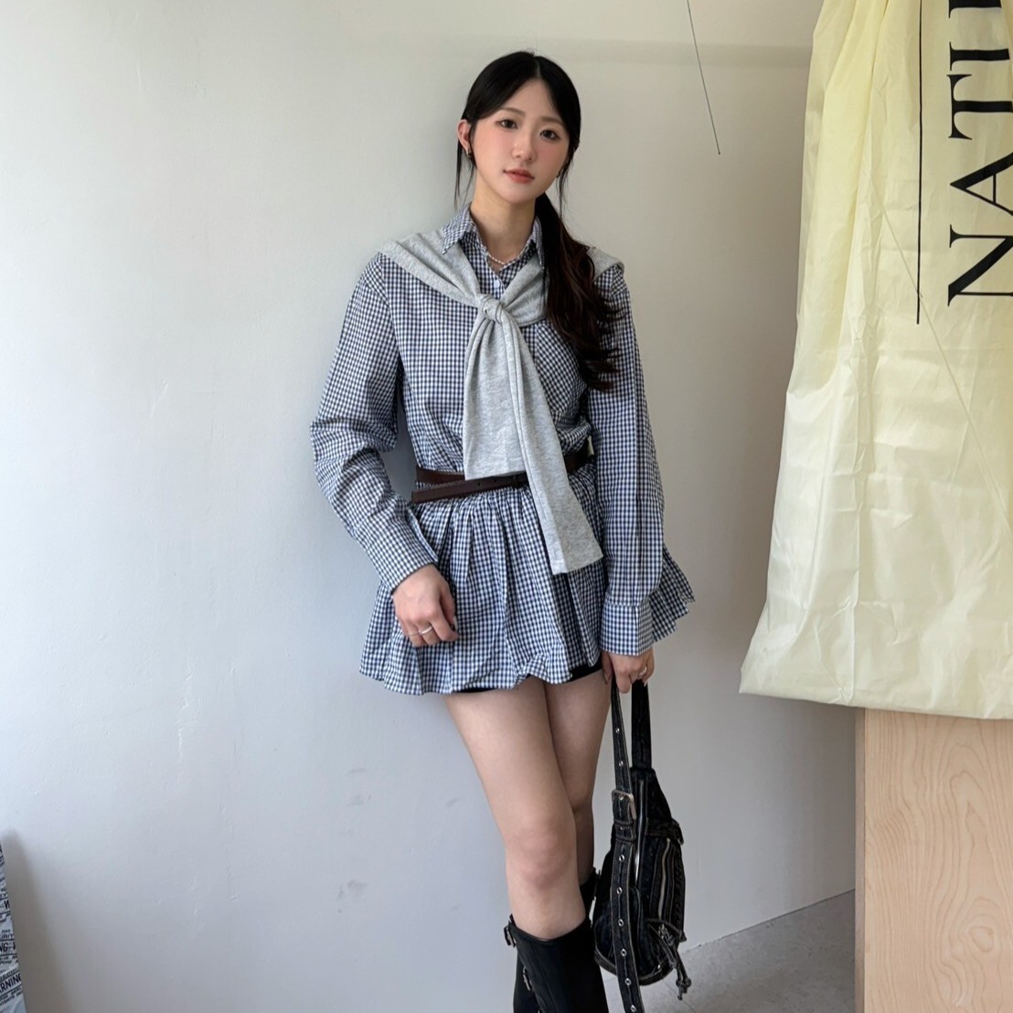 靜謐藏書閣 附披肩格紋襯衫短洋