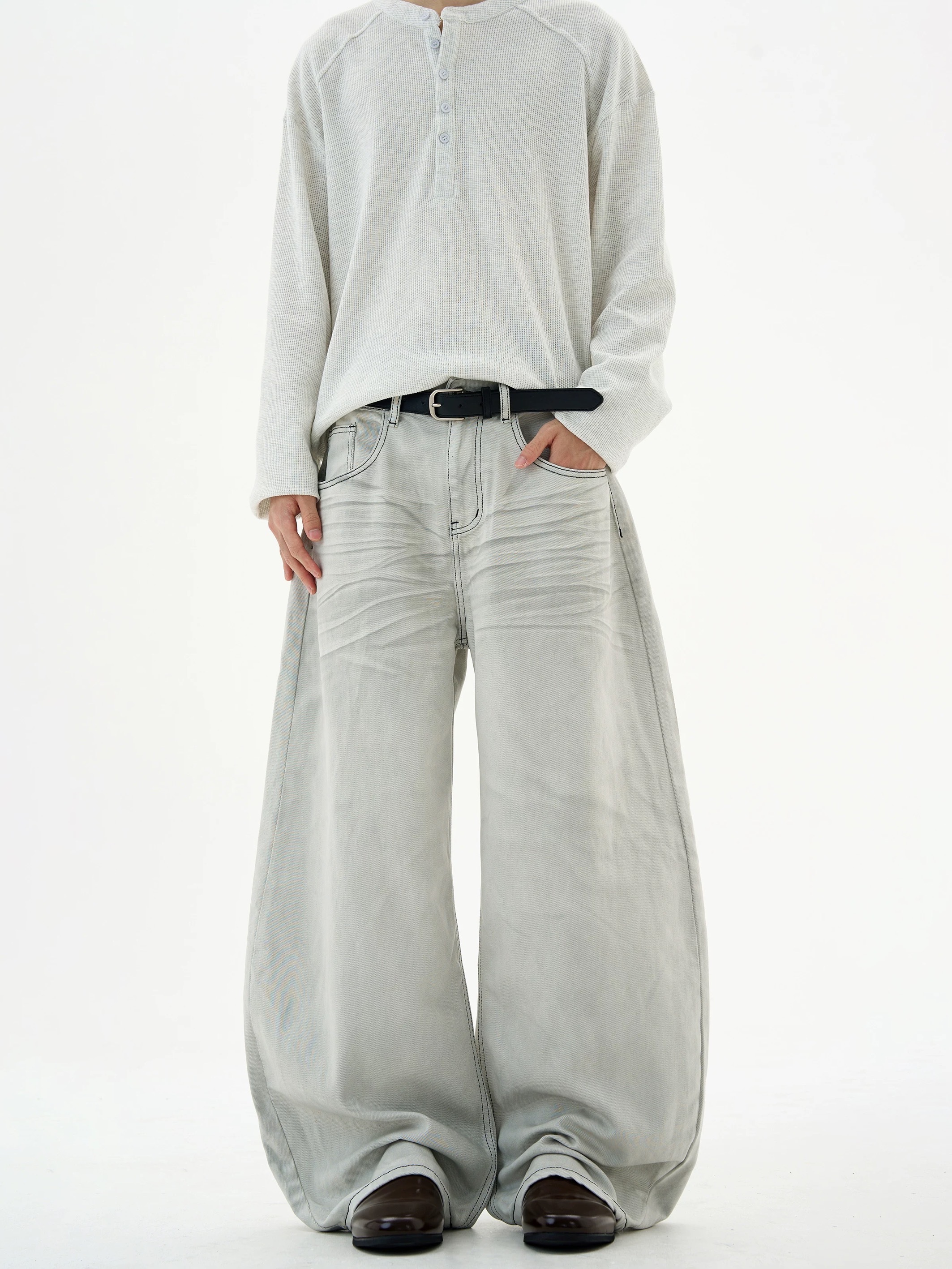 - SIMPLEACTION - 美式復古貓鬚baggy彎刀牛仔褲