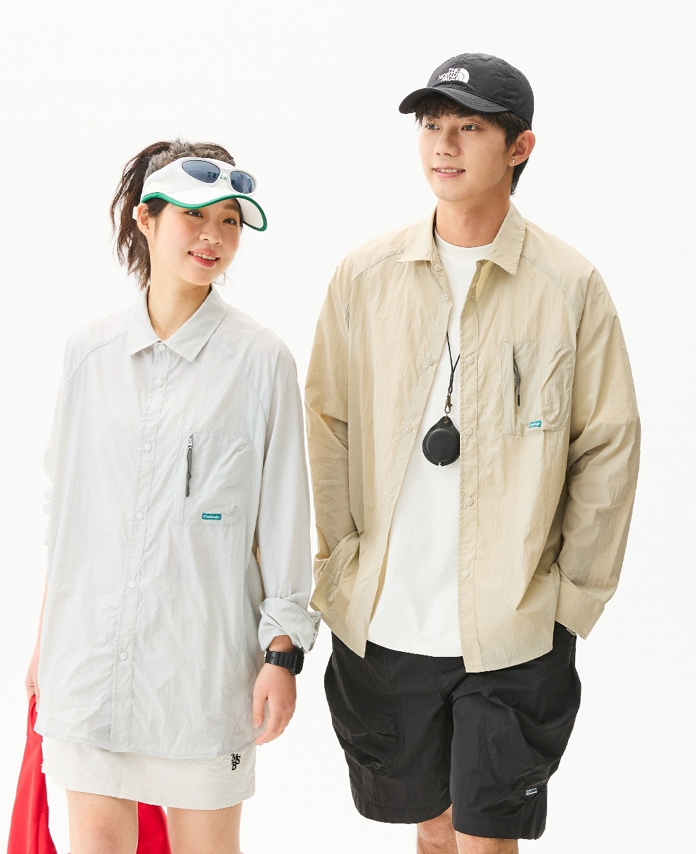 9M02 落肩口袋拉鍊輕薄長袖襯衫 兩色