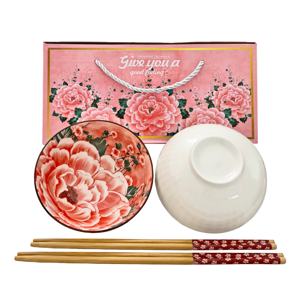 牡丹花陶瓷碗筷組 禮品 送禮 禮盒 陶瓷碗 餐具 家用碗筷 釉下彩