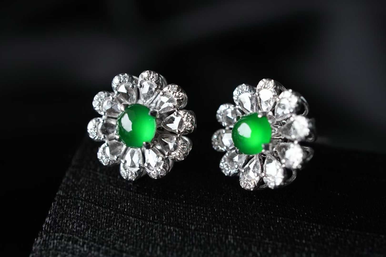 翡翠高種花苞耳釘,天然翡翠A玉, 緬甸玉, Jade, Jadeite