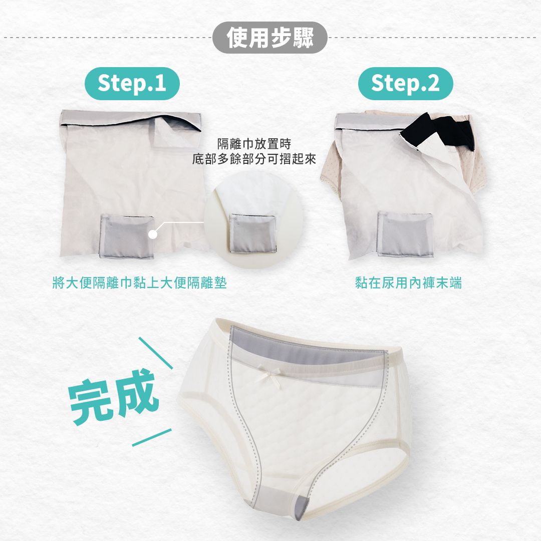 使用步驟:將大便隔離巾黏上大便隔離墊;黏在尿用內褲末端;翻過來就完成了。隔離巾放置時,底部多餘的部分可摺起來。
