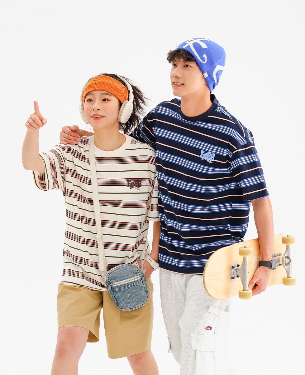 9M07 百搭復古撞色條紋短棉TEE 兩色