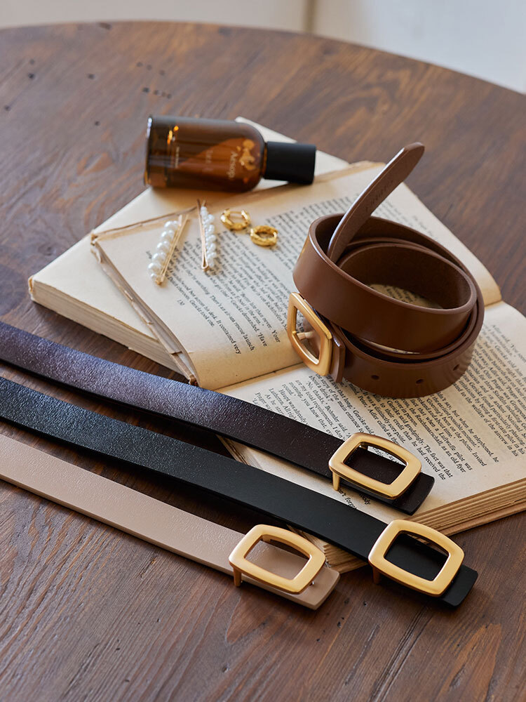 霧金感方頭壓釦式真皮皮帶30188