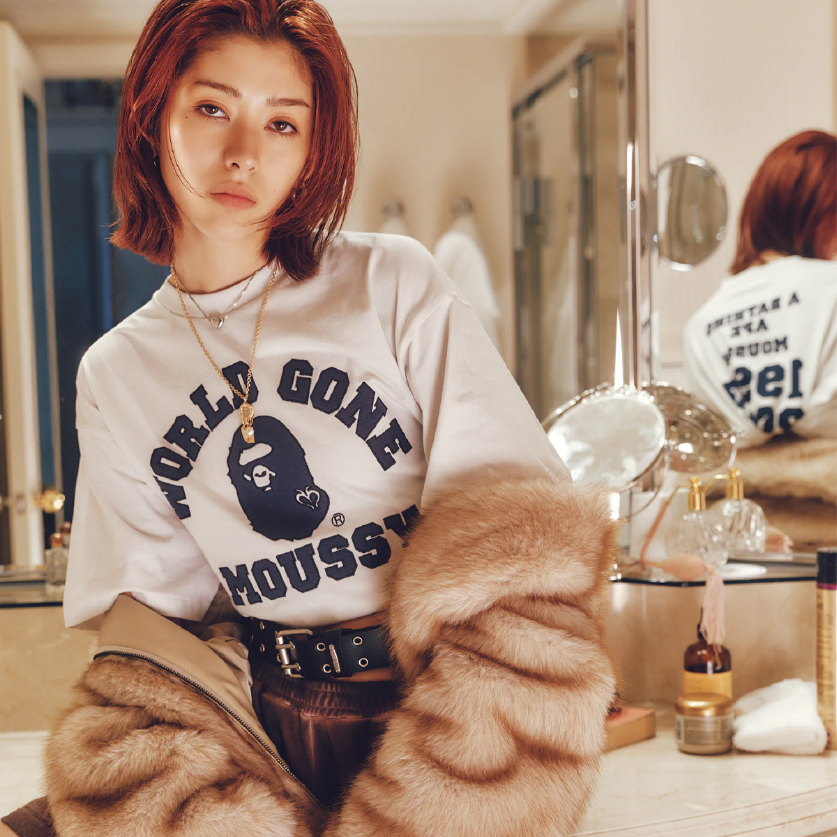 A BATHING APE X MOUSSY COLLEGE PATCH TEEBAPE 猿人頭經典LOGO